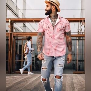 Pink silky button down shirt